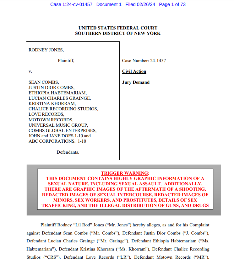 (PDF) Lil Rod Court Documents PDF against Diddy 2024