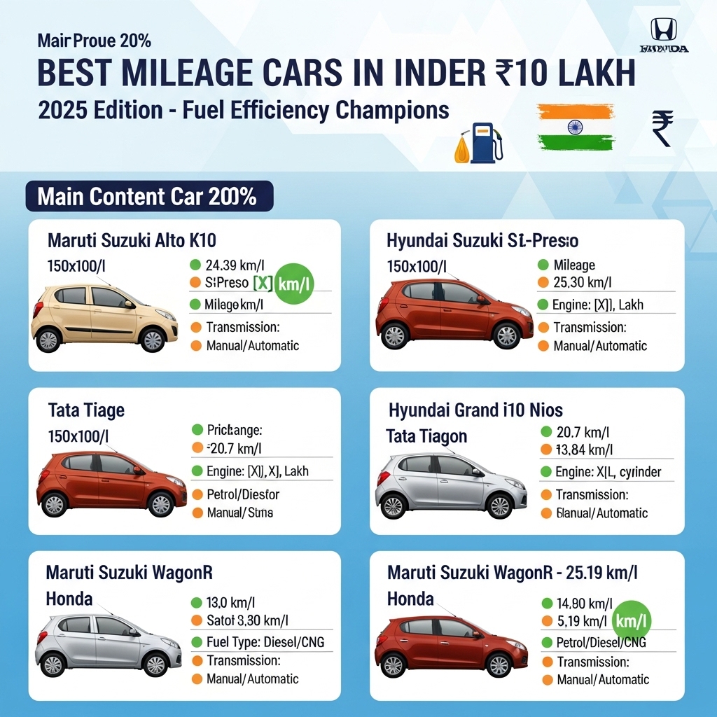 Best Mileage Cars in India Under ₹10 Lakh – 2025 List - Features Overview