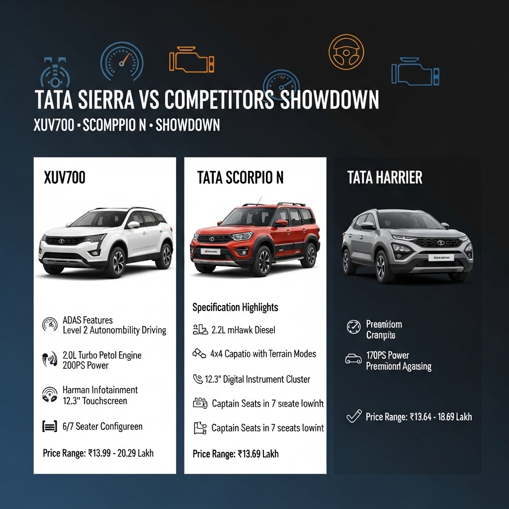 Tata Sierra Competitors Comparison: XUV700, Scorpio N, Harrier - Features Overview