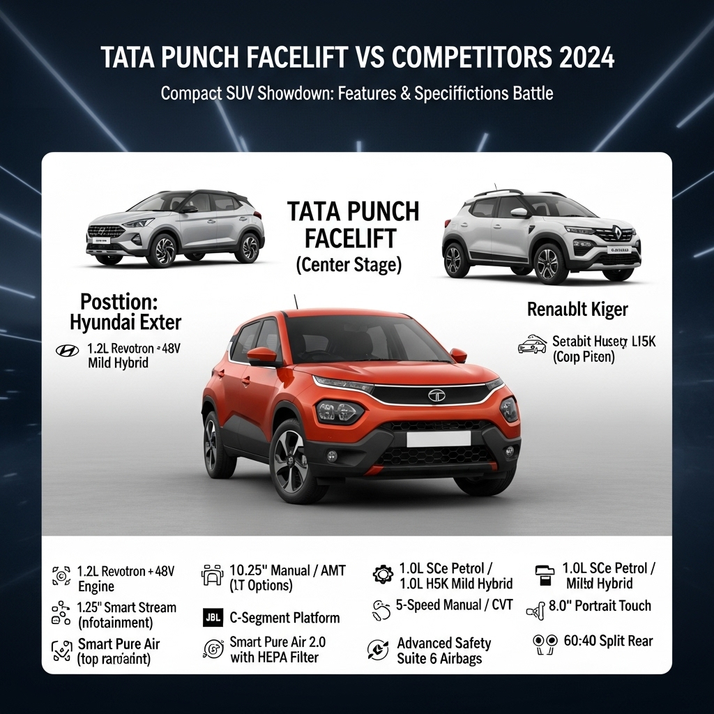 Tata Punch Facelift Competitor Comparison: Hyundai Exter, Renault Kiger, Nissan Magnite - Features Overview