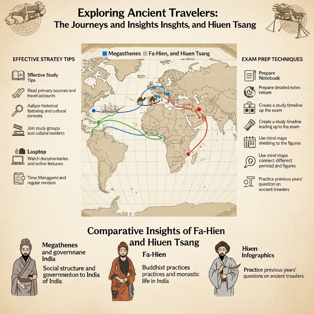 travels and accounts of Megasthenes, Fa-Hien and Hiuen Tsang - Study Strategy