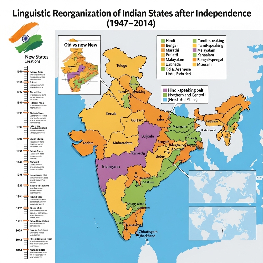 linguistic reorganization of Indian states post independence - Detailed Information