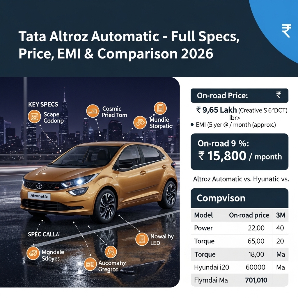 Tata Altroz Automatic Full Specs, On-Road Price, EMI & Comparison 2026 - Features Overview