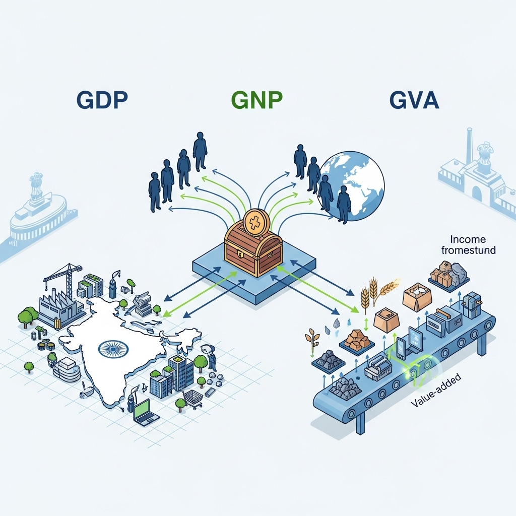 GDP vs GNP vs GVA: Conceptual Differences and UPSC Relevance - Step-by-Step Visual Guide